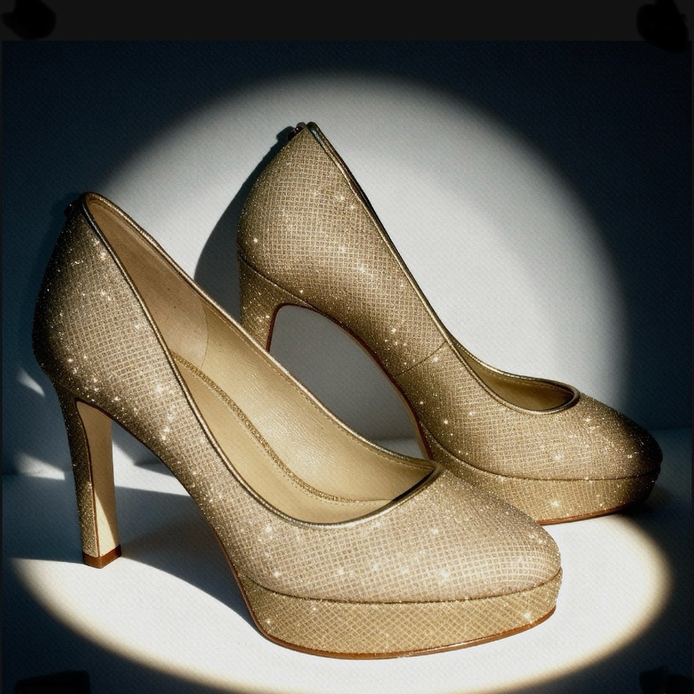 MICHAEL Michael Kors Pale Gold Glitter Chain Mesh Platform Pumps